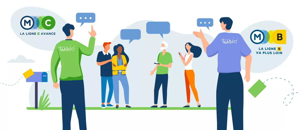 Illustration montrant des gens qui parlent ou regardent des informations sur leurs portables