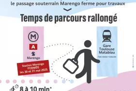 A toulouse de juin 2025 à juin 2026 le passage souterrain Marengo ferme pour travaux. Le temps nécessaire pour relier la gare au métro est d'environ 10 minutes. (Agrandir l'image - fenêtre modale)