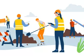 Une image montre des ouvriers et des ingénieurs préparer un chantier (Agrandir l'image - fenêtre modale)