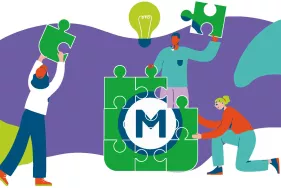 Une illustration montre trois personnes qui font un puzzle. Il s'agit du symbole M pour métro (Agrandir l'image - fenêtre modale)