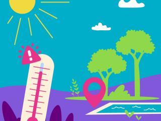 Une illustration montre un thermomètre à l'avant plan avec un pin's google map pour identifier une zone de fraîcheur  (Agrandir l'image - fenêtre modale)