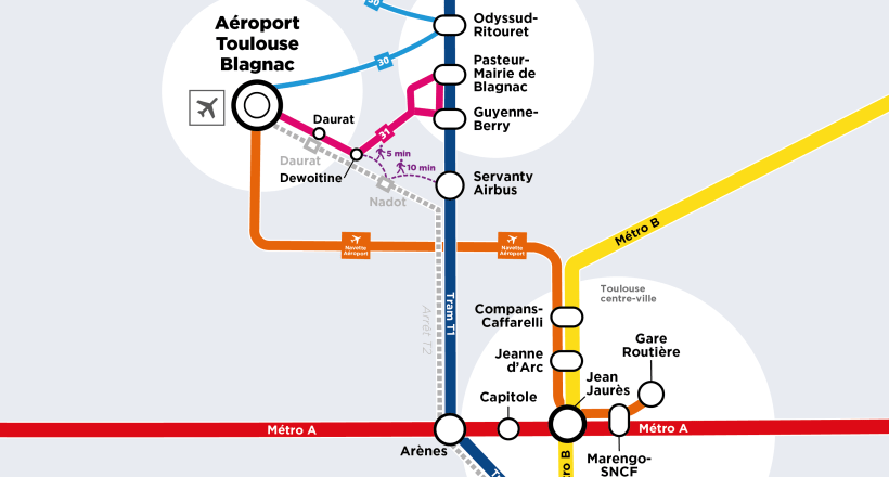 Plan des lignes pour la desserte de l'aéroport de Toulouse à partir du 5 juin 2023 (Agrandir l'image - fenêtre modale)